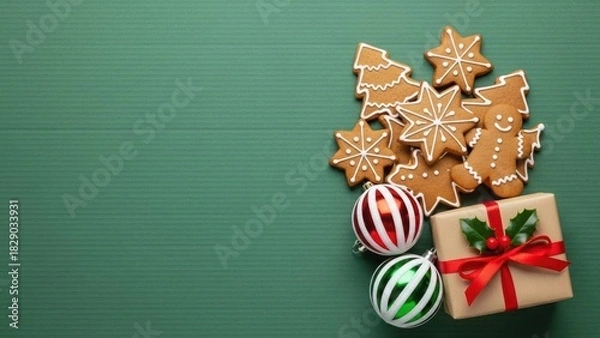 Fototapeta Christmas gingerbread cookies, gift, and ornaments on green background for holiday celebration and festive season.