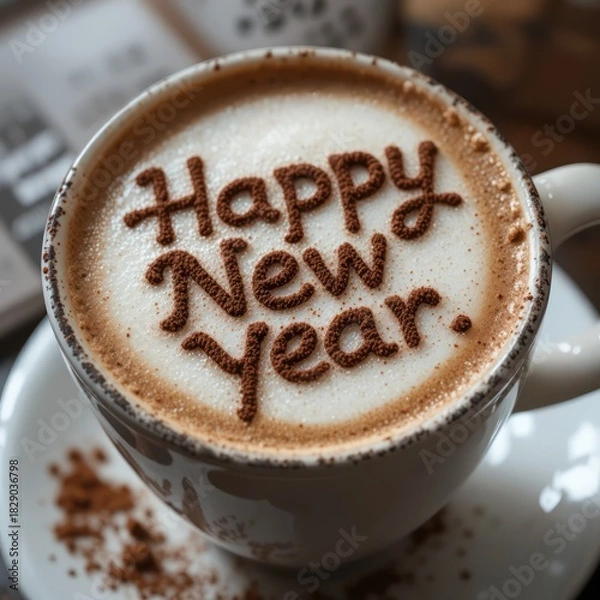 Fototapeta Happy New Year latte art written in frothy cappuccino with festive warm presentation