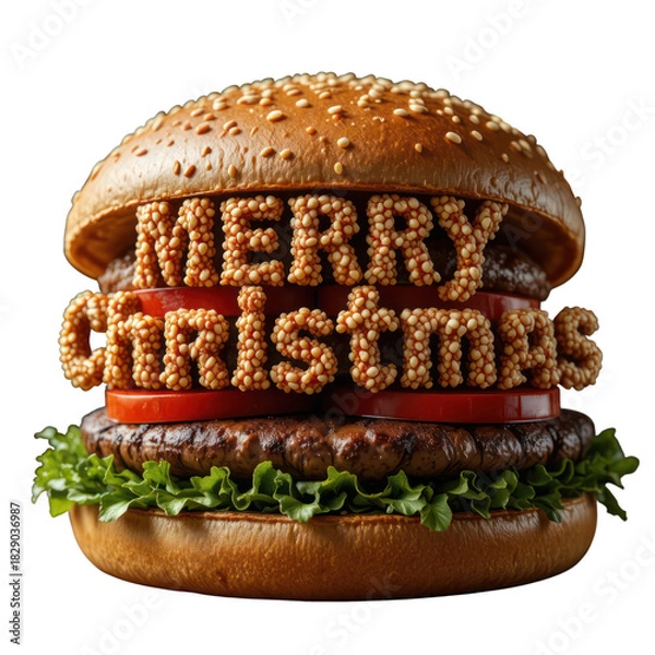 Fototapeta Merry Christmas crafted in burger layers with colorful festive toppings and sesame bun