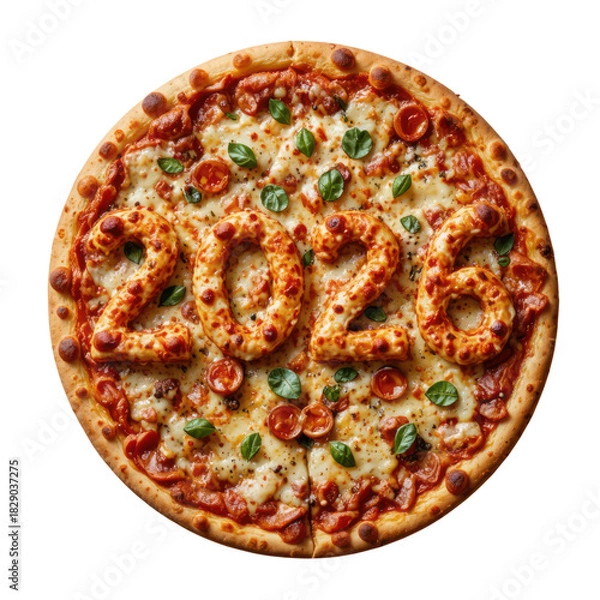 Fototapeta 2026 new year message shaped with vegetables and cheese baked onto crispy pizza crust