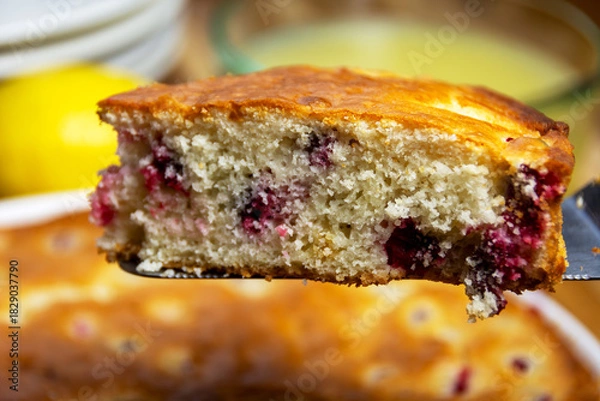 Fototapeta Moist slice of homemade cranberry cake resting on a serving server, showcasing the red cranberries, crumb texture, and golden crust before plating.