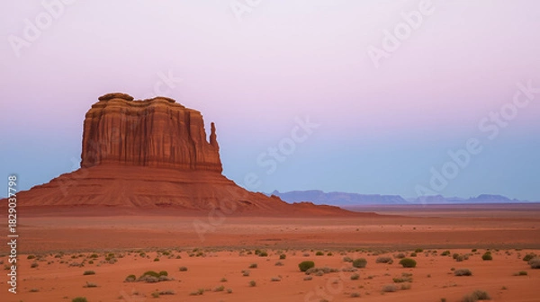 Obraz A solitary rock formation rises dramatically from the arid desert floor under a dusky sky. The landscape is expansive, emphasizing the size and shape of the outcrop.