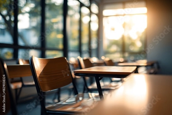 Fototapeta Interior of an Empty Classroom Illuminated by the Sun