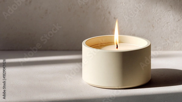 Fototapeta Elegant candle burning softly on a minimalist surface