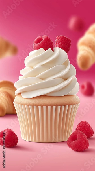 Fototapeta Cupcake topped with fresh raspberries, elegantly displayed against a vibrant pink background, showcasing delightful dessert aesthetics