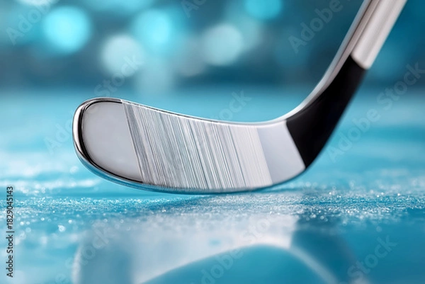 Fototapeta Close up view of a shiny blue skate blade with frozen reflections on ice, highlighting its sleek design and polished surface in a dynamic setting
