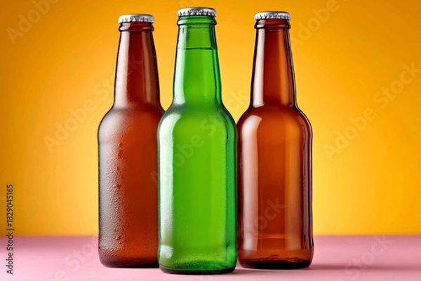 Fototapeta Colorful glass bottles casting shadows on a vibrant background, showcasing abstract shapes and textures in a visually striking composition
