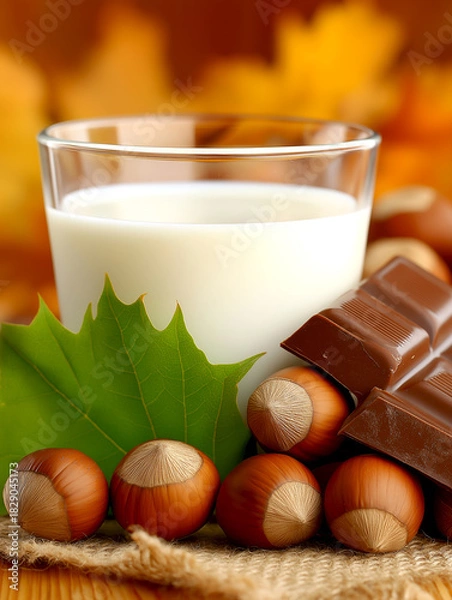 Fototapeta Glass of creamy hazelnut milk surrounded by fresh hazelnuts and rich chocolate shavings, creating a warm autumnal atmosphere with copy space