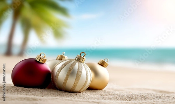 Fototapeta Red and gold Christmas baubles resting in white sand, surrounded by palm trees, creating a festive tropical holiday atmosphere