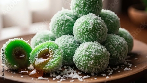 Obraz Delicious Klepon, traditional Indonesian sweet glutinous rice balls filled with palm sugar and coated in coconut.