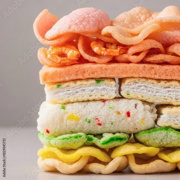 Obraz A visually appealing stack of colorful prawn crackers and snacks.