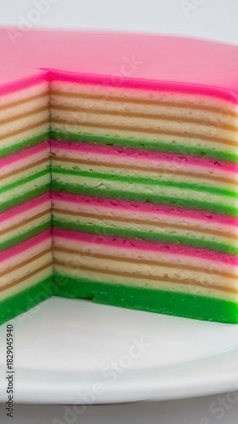 Obraz A slice of colorful layered cake with pink, green, and brown stripes.