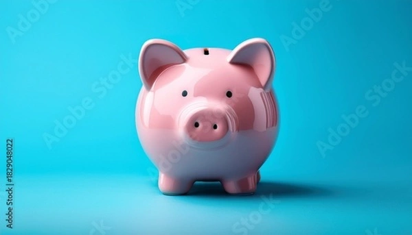 Fototapeta Pink Piggy Bank Positioned Centrally On A Light Blue Background Ample Negative Space Around It Ideal For Banners And Advertisements