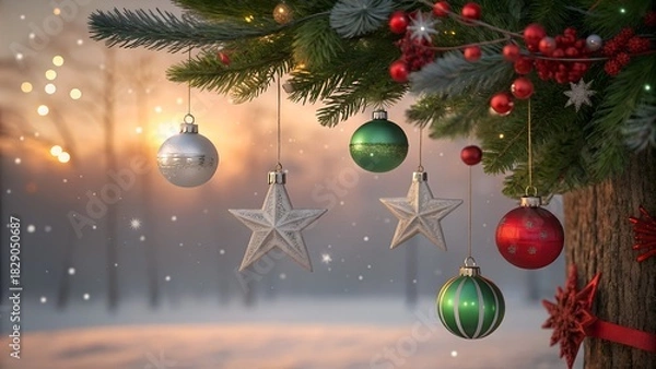 Fototapeta Christmas tree ornaments hanging outdoors in a snowy winter wonderland scene