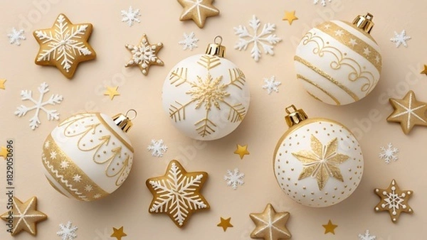 Fototapeta Elegant christmas ornaments and star cookies arranged on a beige background