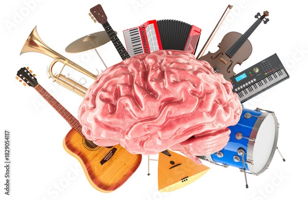 Fototapeta Human brain surrounded by various musical instruments, symbolizing music creativity and cognition. 3D rendering