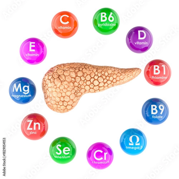 Fototapeta Pancreas with vitamins and minerals essential for healthy pancreatic function and metabolism. 3D rendering
