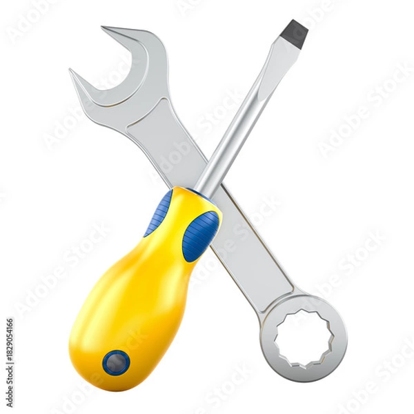 Fototapeta Wrench and screwdriver, crossed tools. 3D rendering