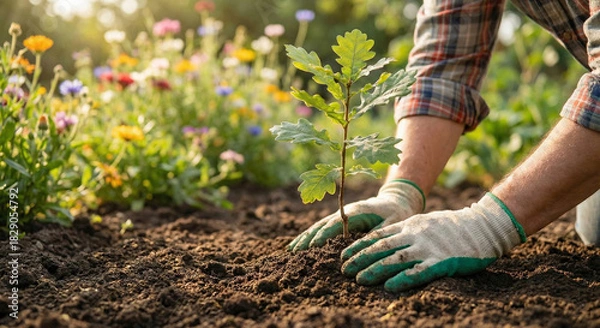 Fototapeta Person wearing gloves planting a small tree in a garden surrounded by colorful flowers