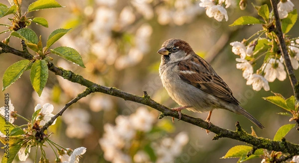 Fototapeta A sparrow perched on a blossoming tree branch surrounded by white flowers on a sunny day