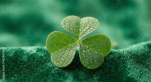 Fototapeta Close-up of a Fresh Green Clover Leaf with Dewdrops on Velvet Surface