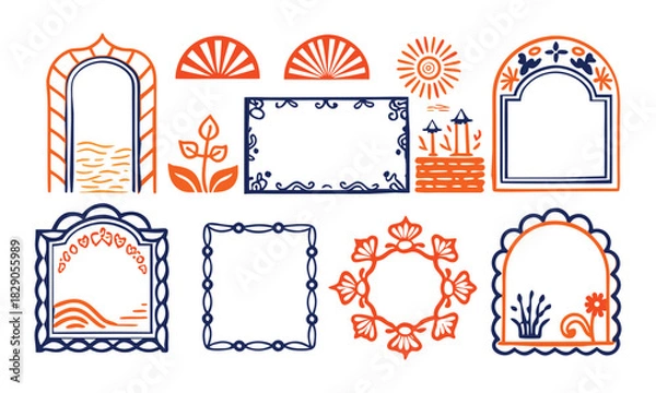 Fototapeta A vector illustration of a vintage Christmas design set featuring decorative frames, labels, and ornamental borders