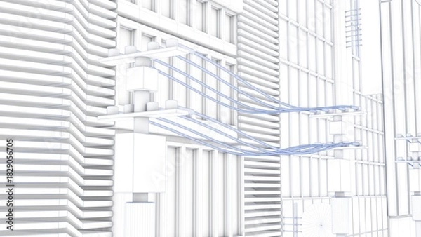 Obraz 3D rendering of a stylized uniquely designed building with white color and blue lines represented in a blueprint format