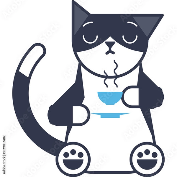 Fototapeta Stylized Pixel Art Tuxedo Cat Sitting Contentedly Holding A Steaming Cup Of Tea With Eyes Closed And Paws Daintily Placed White Background