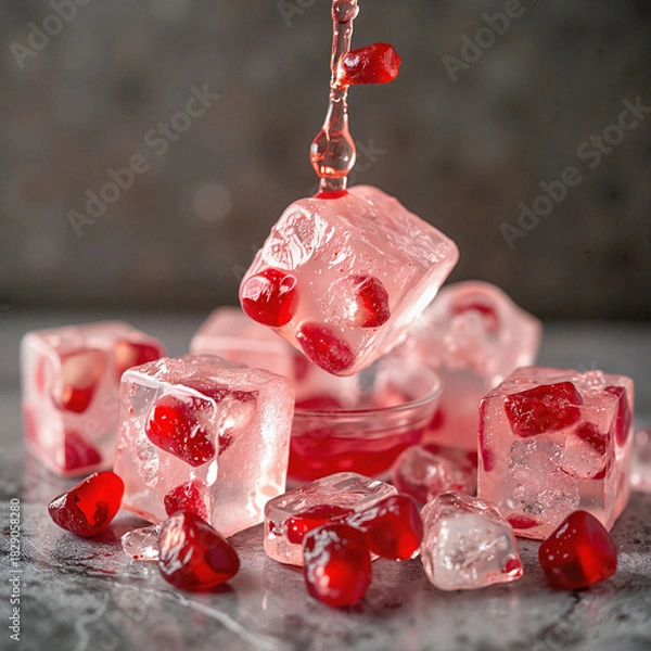 Fototapeta Ice cubes with pomegranate seeds and juice, refreshing summer dessert, copy space