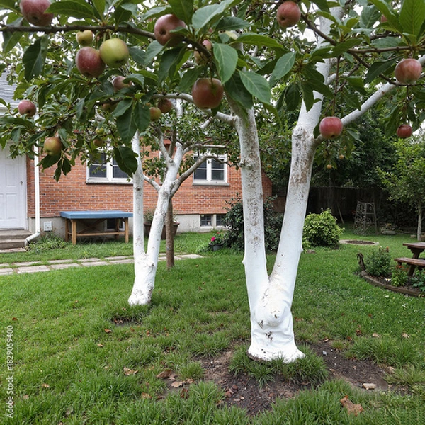 Fototapeta Apple trees with white trunks and ripe fruits in a garden, summer cottage maintenance