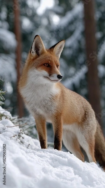 Obraz A fox is standing on a snowy hillside
