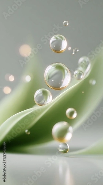 Obraz A series of small, clear, and shiny water droplets on a green leaf