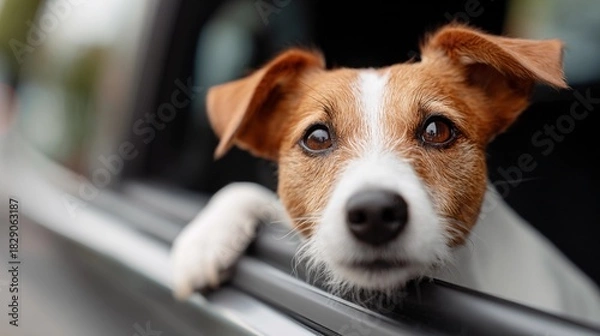 Obraz Friendly Jack Russell puppy looking out car window