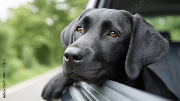 Obraz A black Labrador is looking out the window of a car