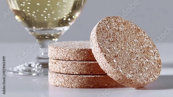 Obraz A set of cork coasters sits on a table next to a wine glass