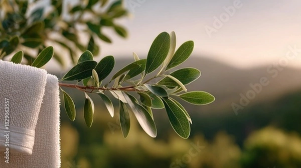 Obraz A white towel is hanging on a tree branch
