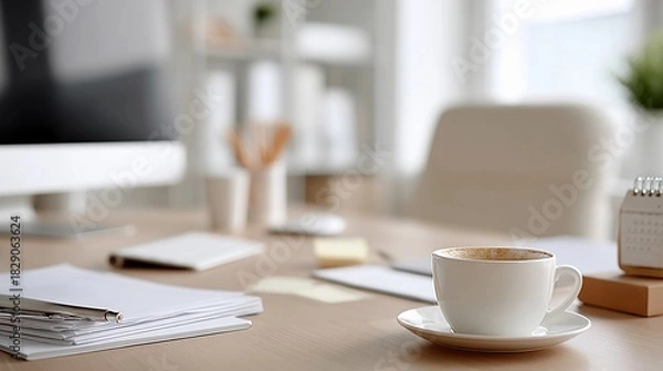 Obraz A desk with a computer monitor, a cup of coffee, and a notebook