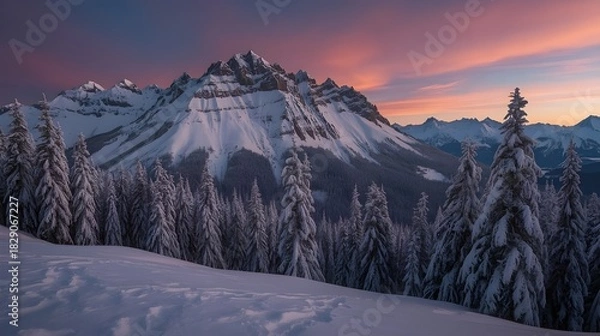 Obraz A breathtaking view of towering, snow-covered mountain peaks under a soft pastel sky.