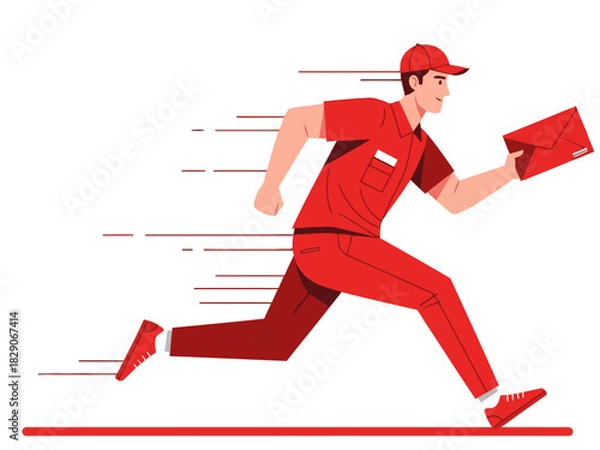 Fototapeta dynamic delivery man sprints with an urgent priority post showcasing speed and efficiency Bold red color scheme and motion lines create a sense of urgency Perfect for business and logistics themes