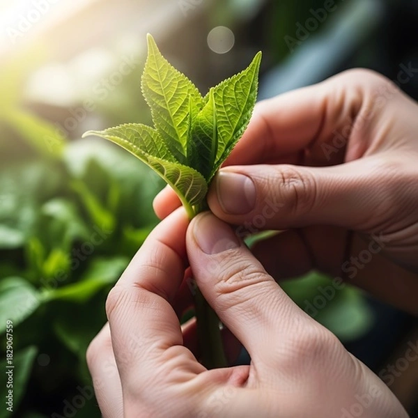 Fototapeta Gentle hands cradling a vibrant green plant sprout with sunlit backdrop