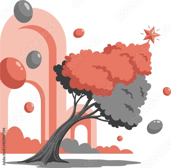 Fototapeta whimsical illustration features a tree with glowing orbs set within an arched pink structure A star shines above evoking a sense of magic and wonder Bold