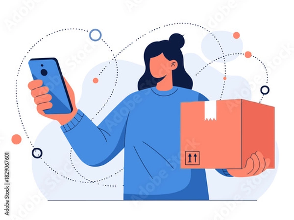 Fototapeta A woman holds a box, interacting with a smartphone, symbolizing online to offline shipping. Modern illustration style, bright colors, and a clean design. Click to ship!