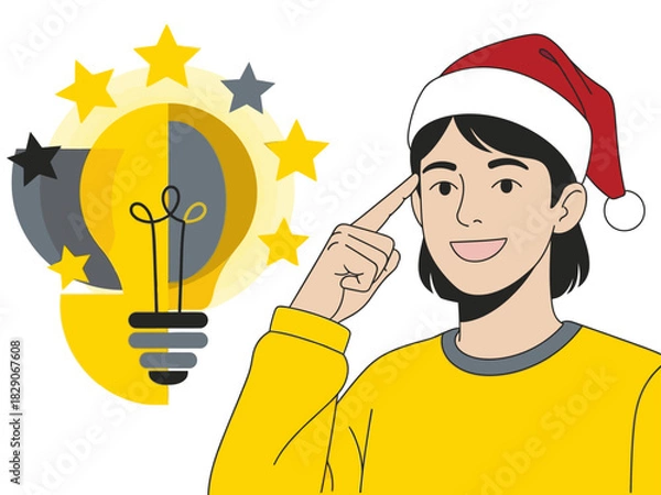 Fototapeta A young woman in a Santa hat thoughtfully considers an idea, illuminated by a lightbulb. Bright, festive, and creative. Perfect for holiday or innovation concepts.