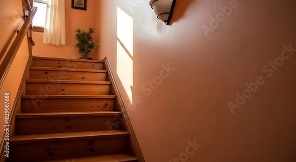 Obraz Interior view of an inviting wooden staircase bathed in sunlight