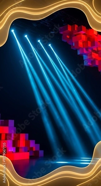 Obraz Modern showcase backdrop with light beams and digital design elements