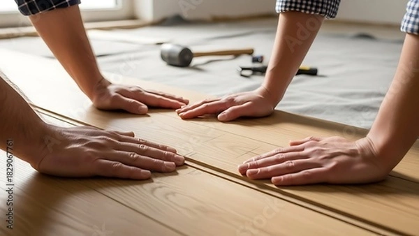 Obraz Professionals Installing New Laminate Flooring During Home Renovation Project