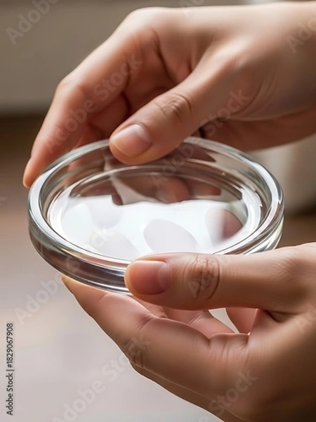 Obraz Woman delicately holds a clear, round container filled with a white liquid