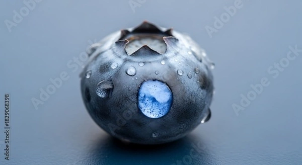Fototapeta Single wet blueberry close up studio image with vibrant reflections