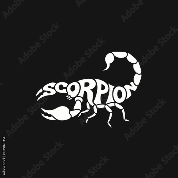 Fototapeta A white scorpion logo made from the letters of the word 'scorpion' on a black background.