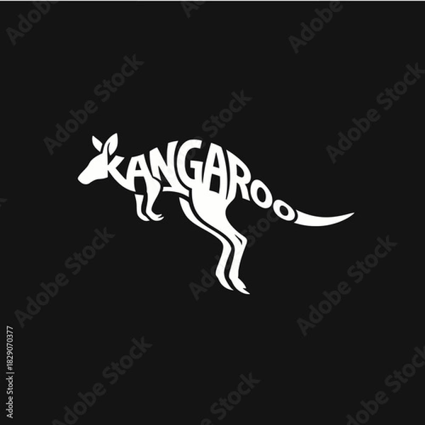 Fototapeta A white silhouette of a kangaroo formed by the word KANGAROO against a black background.